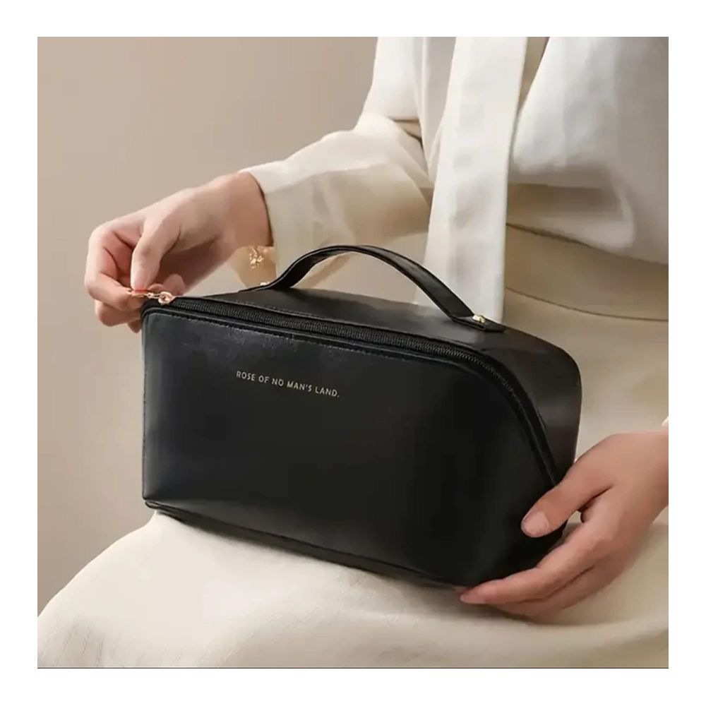 Large Capacity Long Leather Cosmetic Bag, Travel Makeup Organizer, Black - Image 2