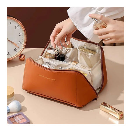 Large Capacity Long Leather Cosmetic Bag, Travel Makeup Organizer, Brown - Main Image