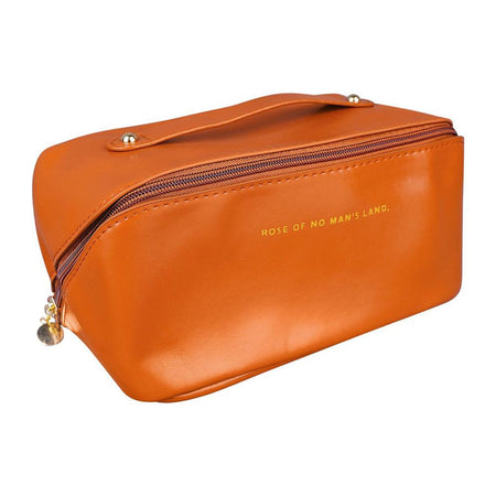 Large Capacity Long Leather Cosmetic Bag, Travel Makeup Organizer, Brown - Image 2