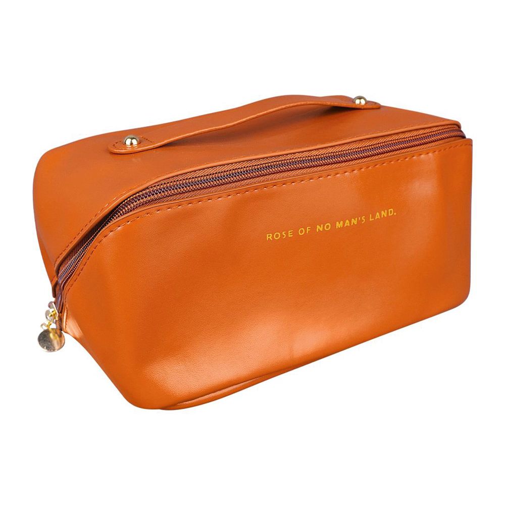Large Capacity Long Leather Cosmetic Bag, Travel Makeup Organizer, Brown - Image 2