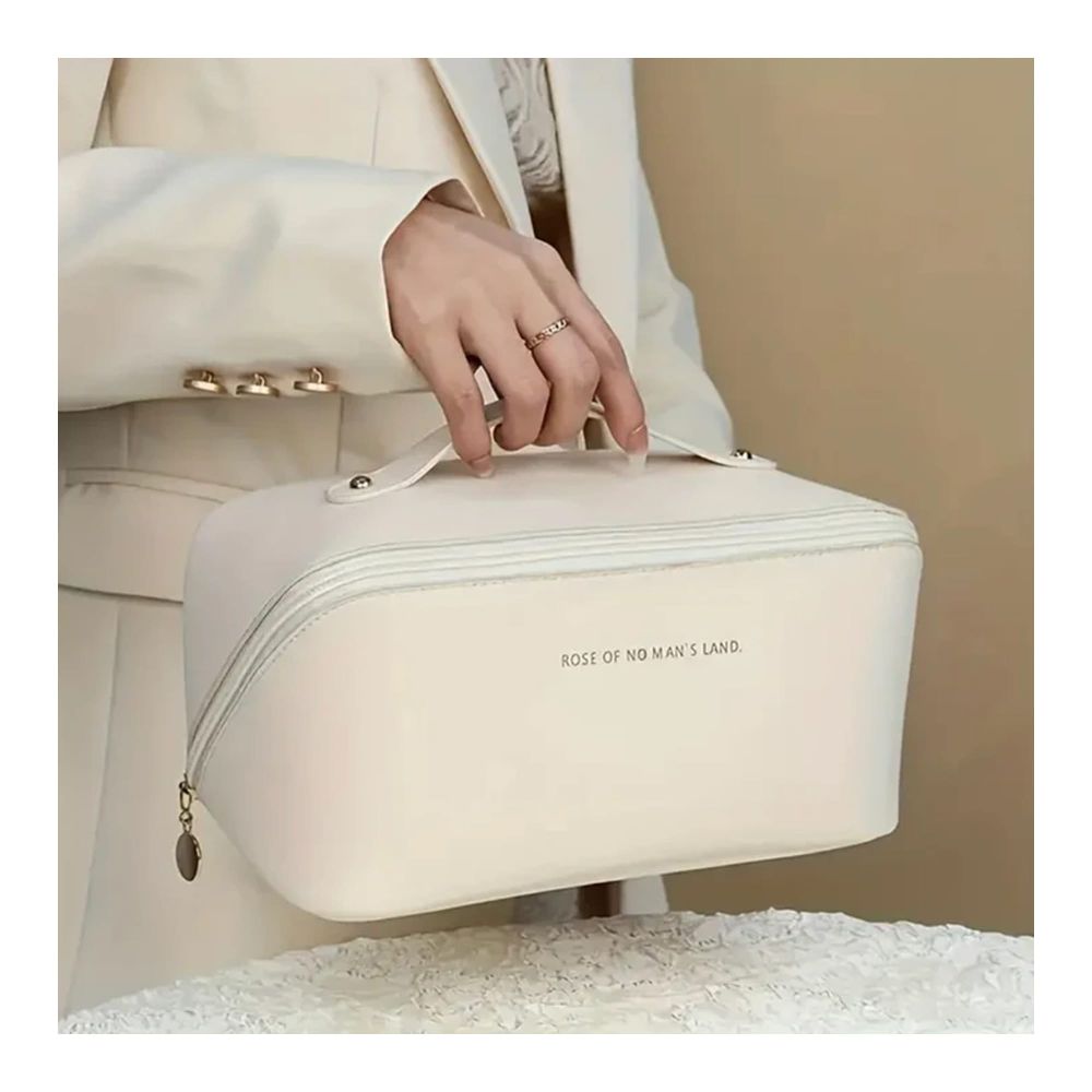 Large Capacity Long Leather Cosmetic Bag, Travel Makeup Organizer, White - Main Image