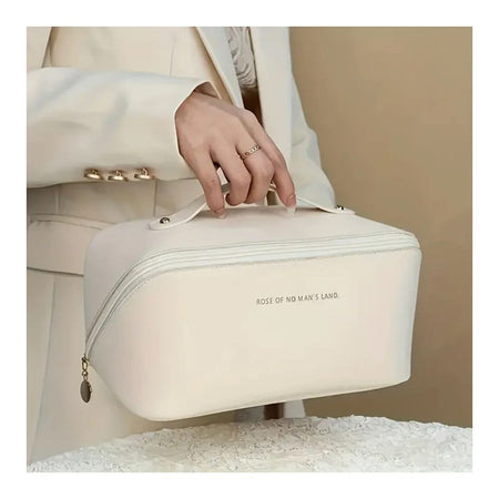 Large Capacity Long Leather Cosmetic Bag, Travel Makeup Organizer, White - Main Image