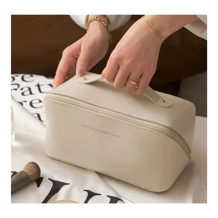 Large Capacity Long Leather Cosmetic Bag, Travel Makeup Organizer, White - Image 2
