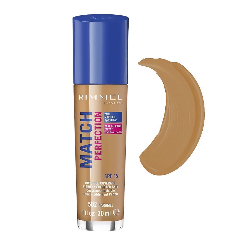 Rimmel Match Perfection Liquid Foundation, SPF 15, 30ml, 502 Caramel - Main Image
