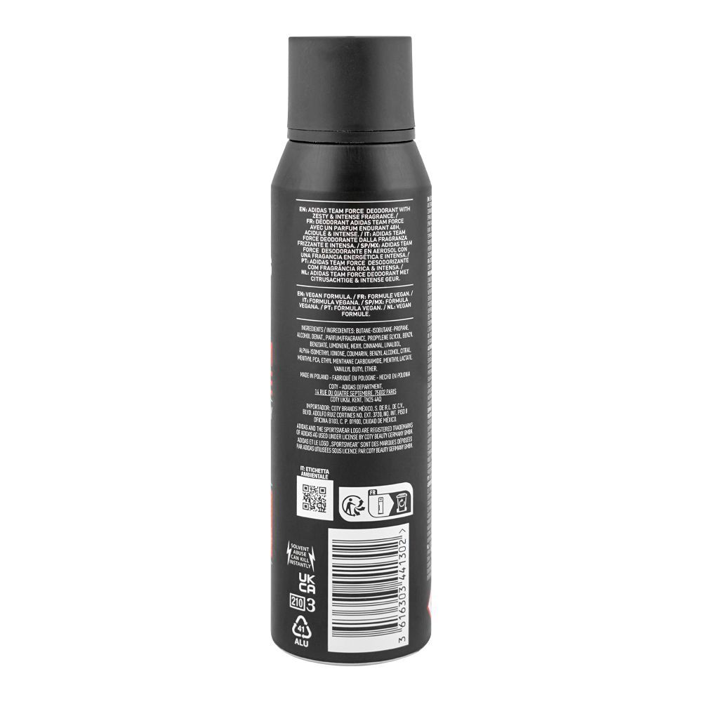 Adidas Team Force 48H Zesty & Intense Deodorant Body Spray, For Men, 150ml - Image 2