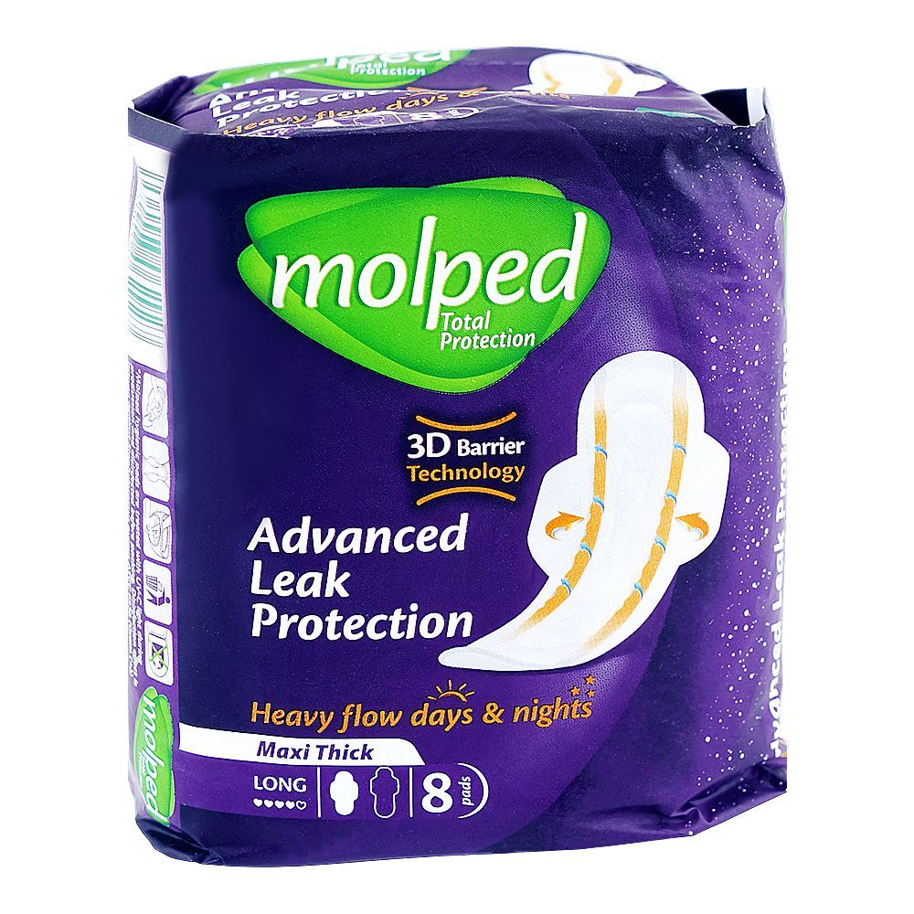 Molped Advanced Leak Protection Maxi Thick Sanitary Pads, Long, 8 Pads - Main Image