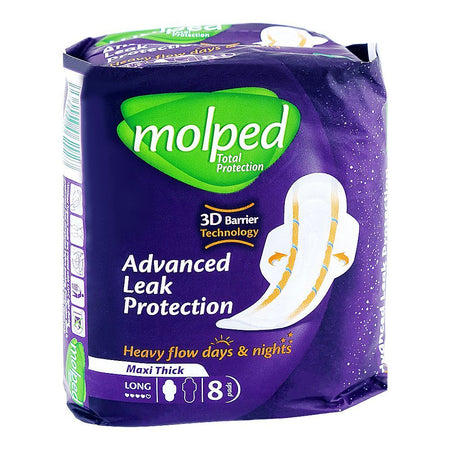 Molped Advanced Leak Protection Maxi Thick Sanitary Pads, Long, 8 Pads - Main Image