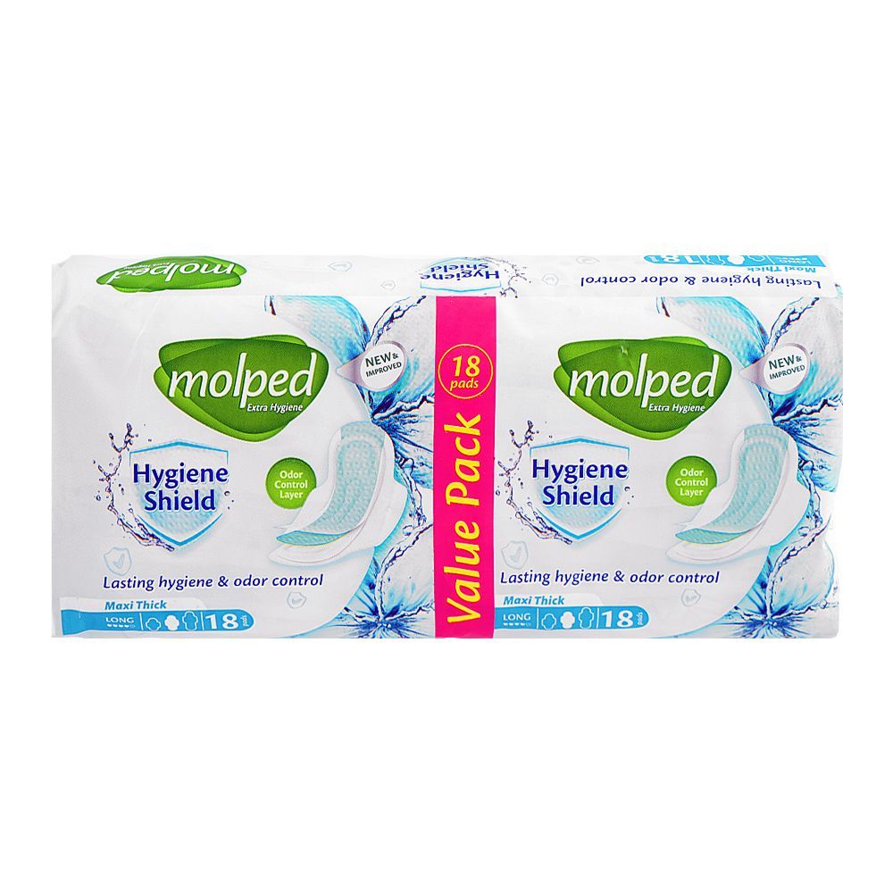 Molped Extra Hygiene Shield Maxi Thick Sanitary Pads, Long, 18 Pads Value Pack - Main Image