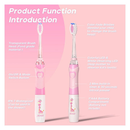 Seago Kids Sonic Electric Toothbrush with 4 Brush Heads, IPX7 Waterproof, For 3+ Years, Pink, SG-977 - Image 2