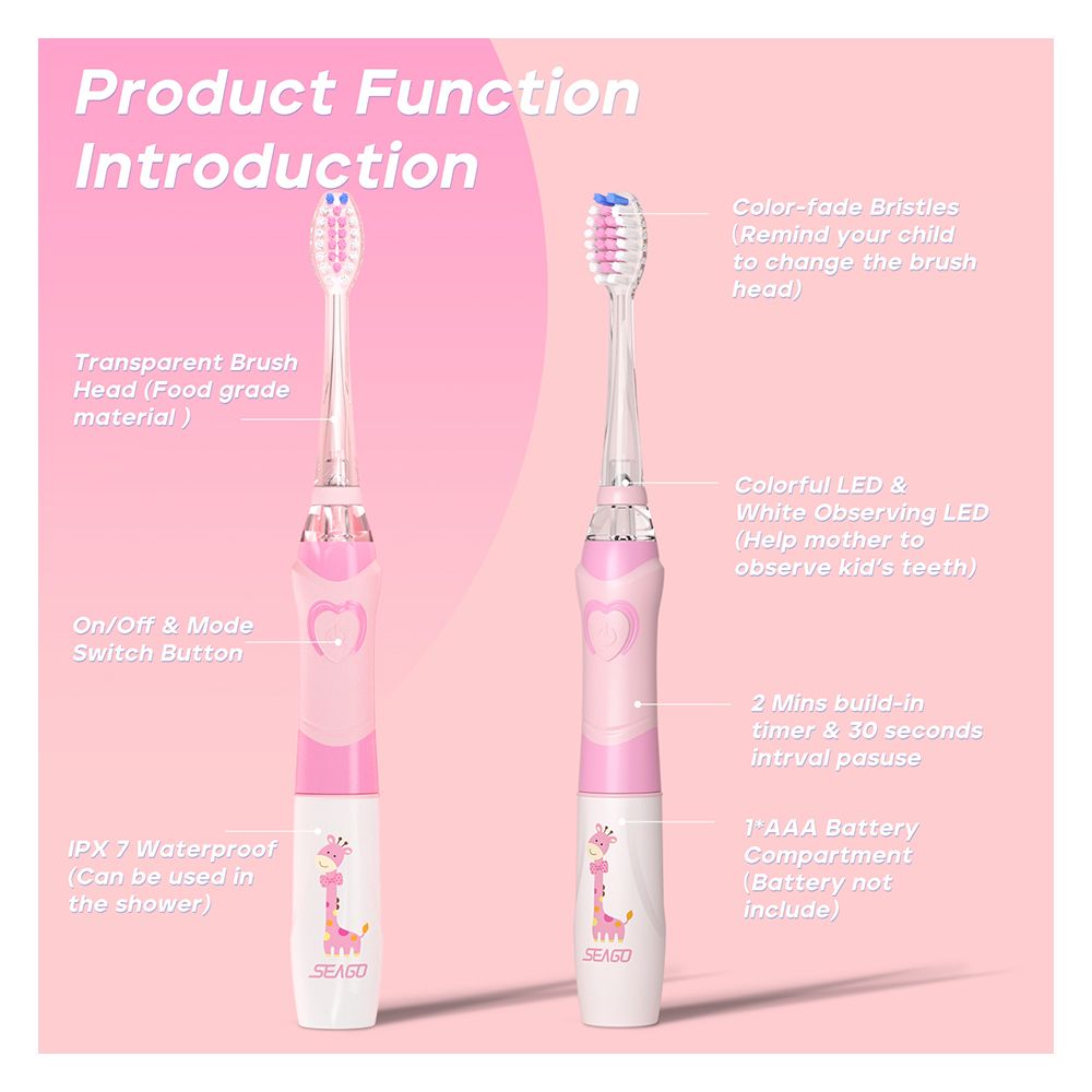 Seago Kids Sonic Electric Toothbrush with 4 Brush Heads, IPX7 Waterproof, For 3+ Years, Pink, SG-977 - Image 2