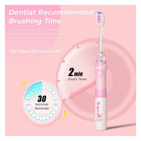 Seago Kids Sonic Electric Toothbrush with 4 Brush Heads, IPX7 Waterproof, For 3+ Years, Pink, SG-977 - Image 4