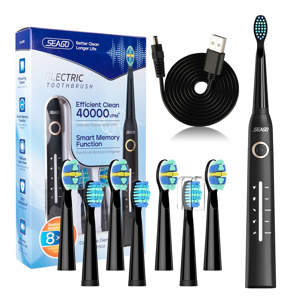 Seago Electric Toothbrush with 8 Brush Heads, 5 Cleaning Modes, IPX7 Waterproof, For Adults, Black, SG-958 - Main Image