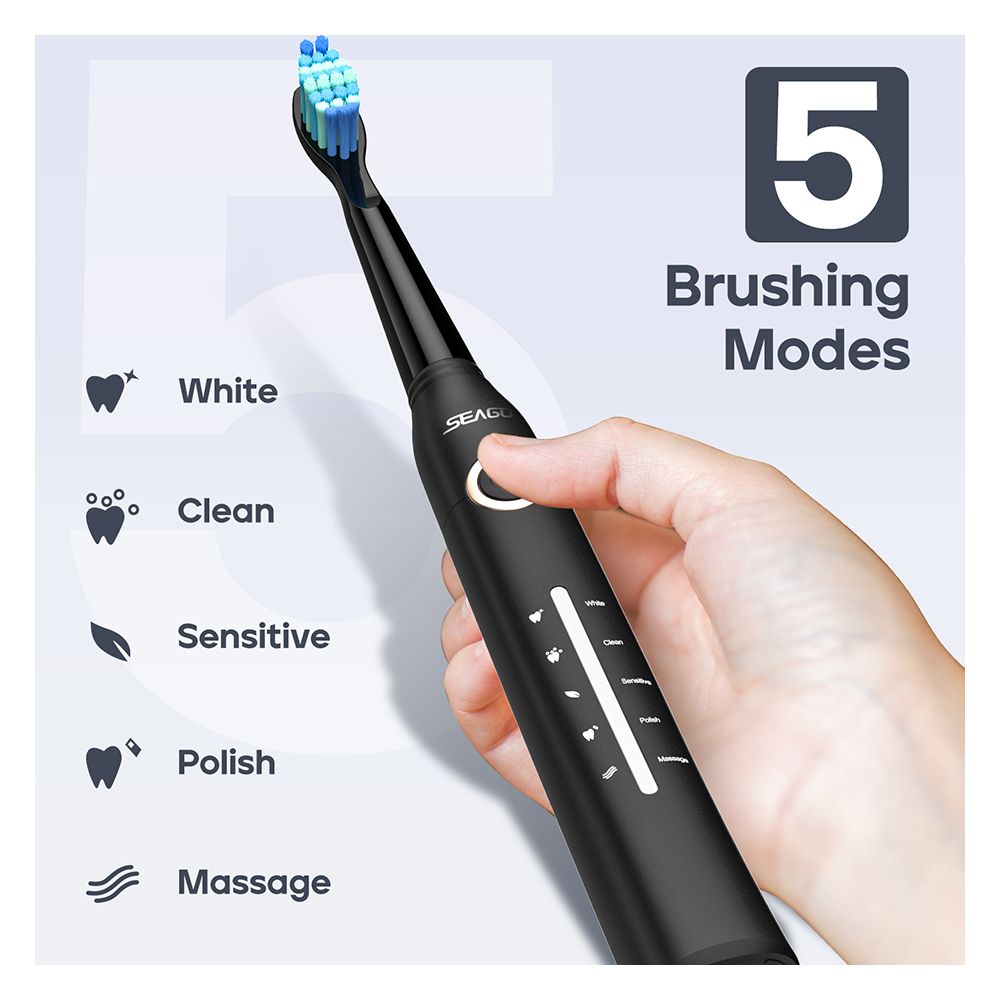 Seago Electric Toothbrush with 8 Brush Heads, 5 Cleaning Modes, IPX7 Waterproof, For Adults, Black, SG-958 - Image 2