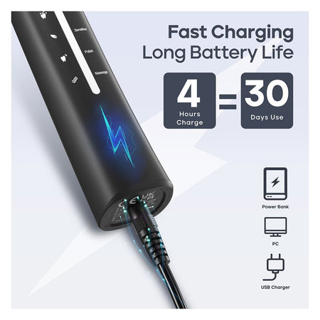 Seago Electric Toothbrush with 8 Brush Heads, 5 Cleaning Modes, IPX7 Waterproof, For Adults, Black, SG-958 - Image 3