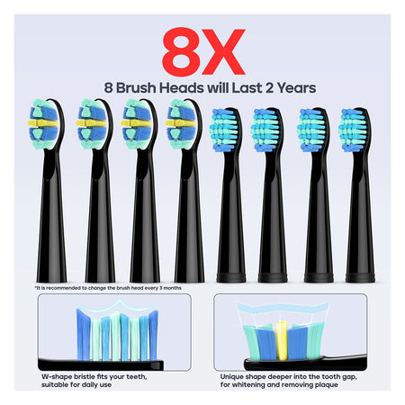 Seago Electric Toothbrush with 8 Brush Heads, 5 Cleaning Modes, IPX7 Waterproof, For Adults, Black, SG-958 - Image 4