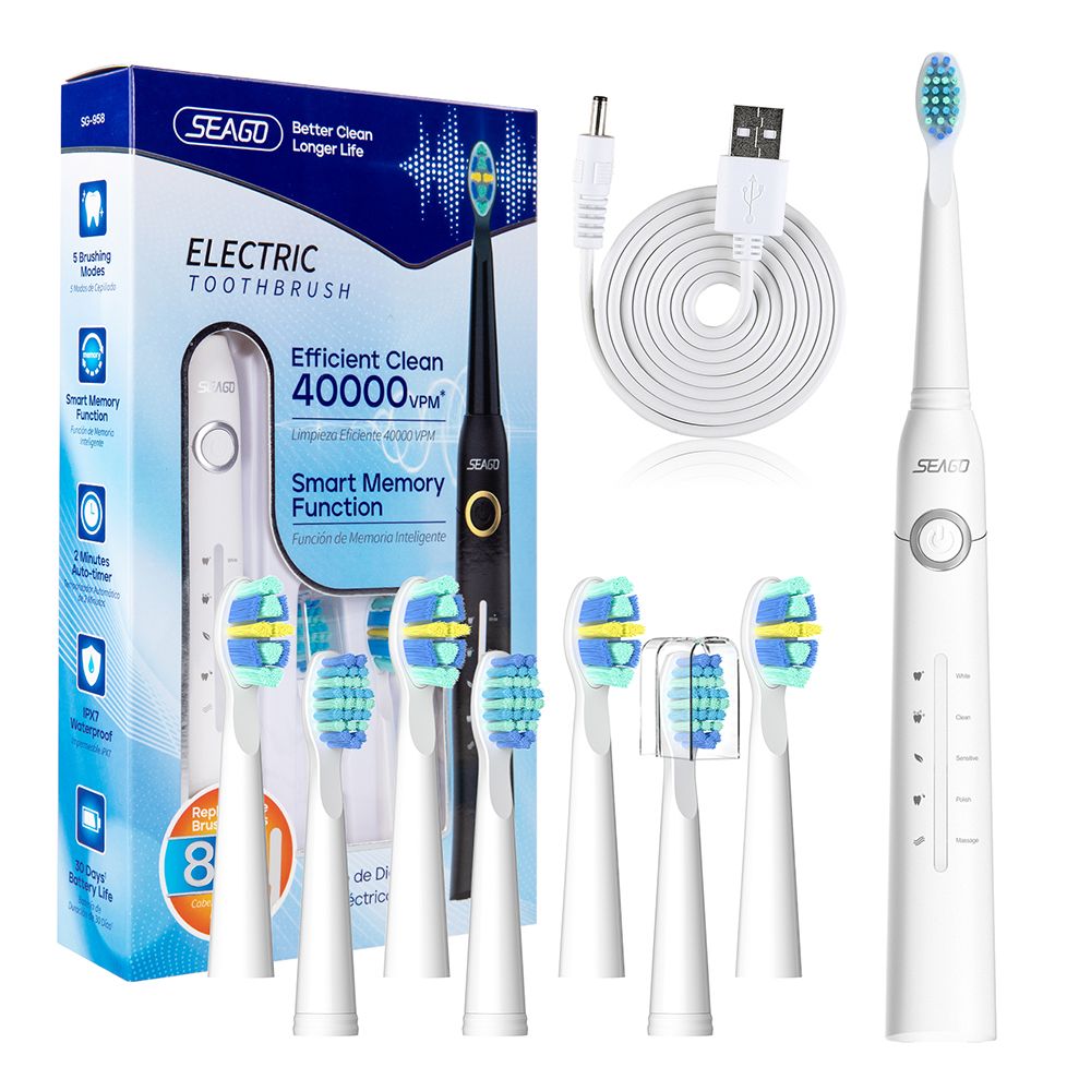 Seago Electric Toothbrush with 8 Brush Heads, 5 Cleaning Modes, IPX7 Waterproof, For Adults, White, SG-958 - Main Image