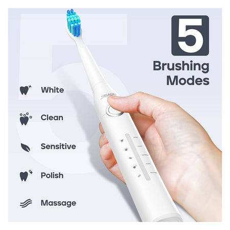 Seago Electric Toothbrush with 8 Brush Heads, 5 Cleaning Modes, IPX7 Waterproof, For Adults, White, SG-958 - Image 2