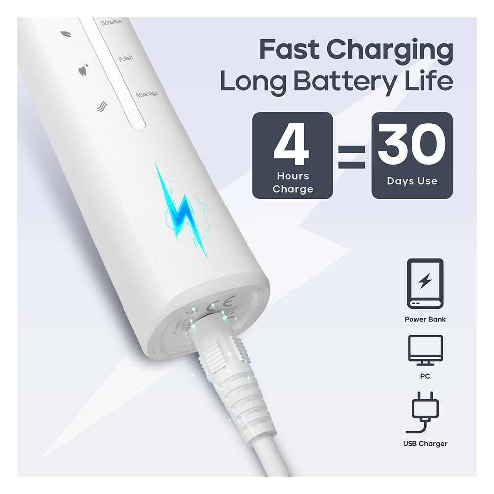 Seago Electric Toothbrush with 8 Brush Heads, 5 Cleaning Modes, IPX7 Waterproof, For Adults, White, SG-958 - Image 3