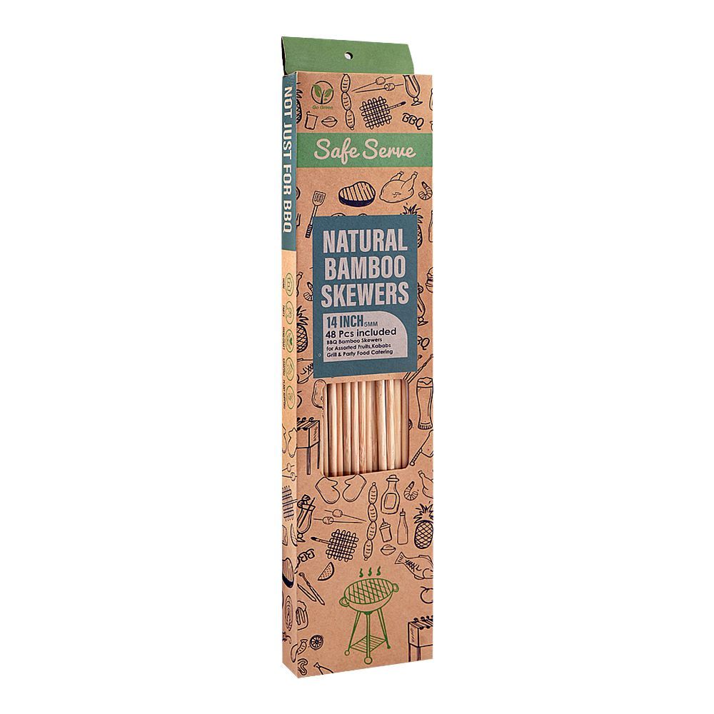 Safe Serve 14" Natural BBQ Bamboo Skewers, 5mm, 48-Pack - Main Image