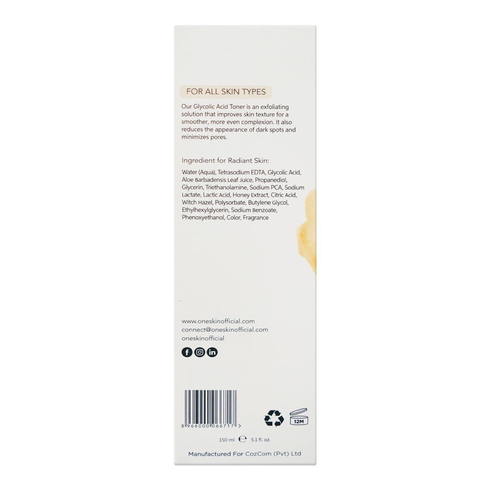 Oneskin Skin Renewal 5% Glycolic Acid Honey Extract Witch, Hazel Toner, 150ml - Image 4
