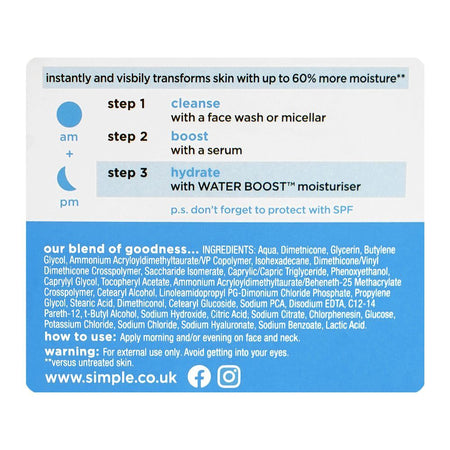 Simple Water Boost 19% Hydrating Actives+Hyaluronic Acid Skin Quench Gel Cream, 50ml - Image 3