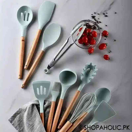 12pcs Silicone Non-Stick Utensil and Spatula with Wooden Handle Cooking Tools Set