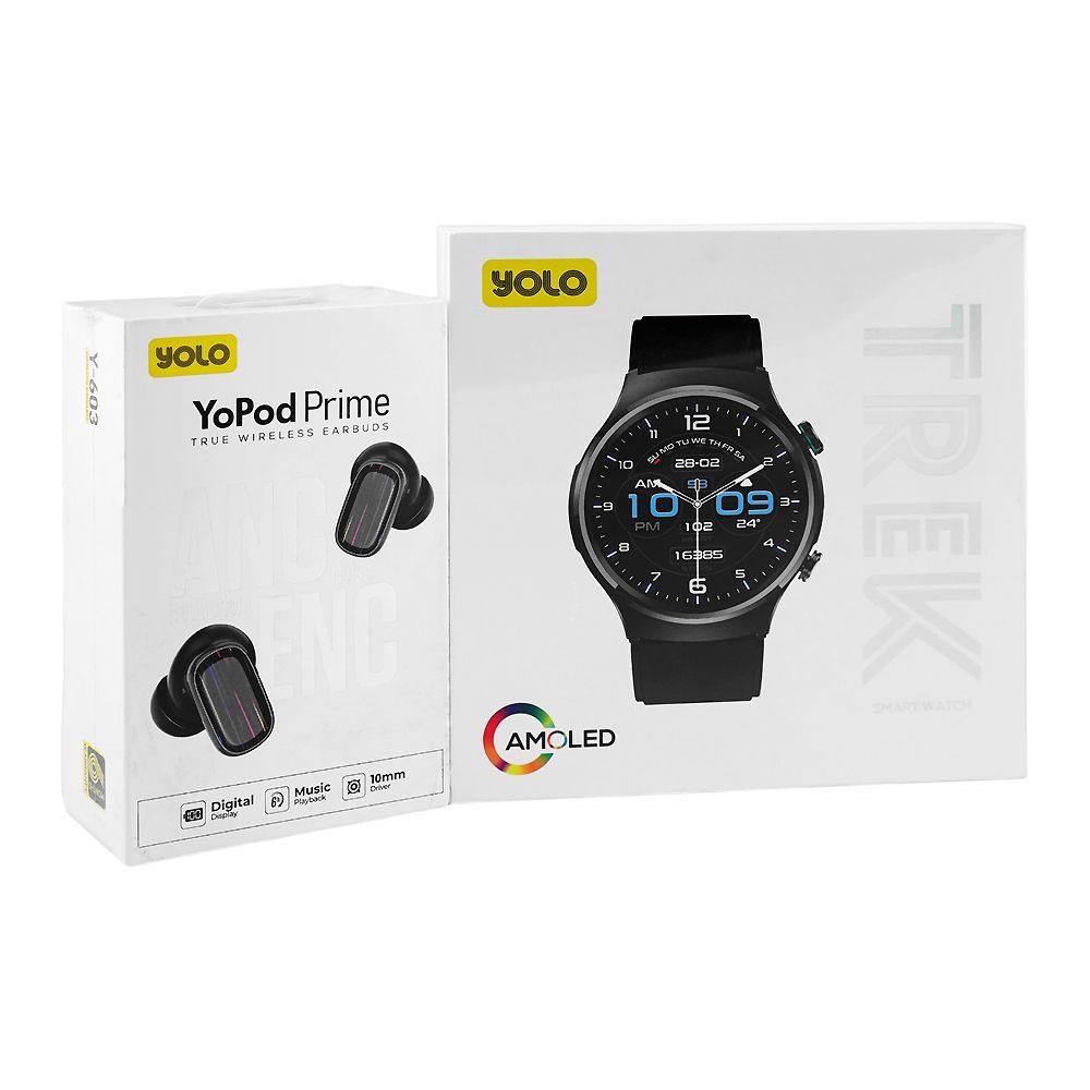 Yolo 1.43 Inch Amoled Display Trek Smart Watch, 10 Meters Waterproof, 25 Days Standby Battery Life, Dual Silicone Straps, Black, With Y-603 YoPod Prime True Wireless Earbuds - Main Image