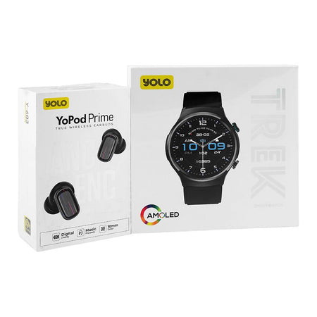 Yolo 1.43 Inch Amoled Display Trek Smart Watch, 10 Meters Waterproof, 25 Days Standby Battery Life, Dual Silicone Straps, Black, With Y-603 YoPod Prime True Wireless Earbuds - Main Image