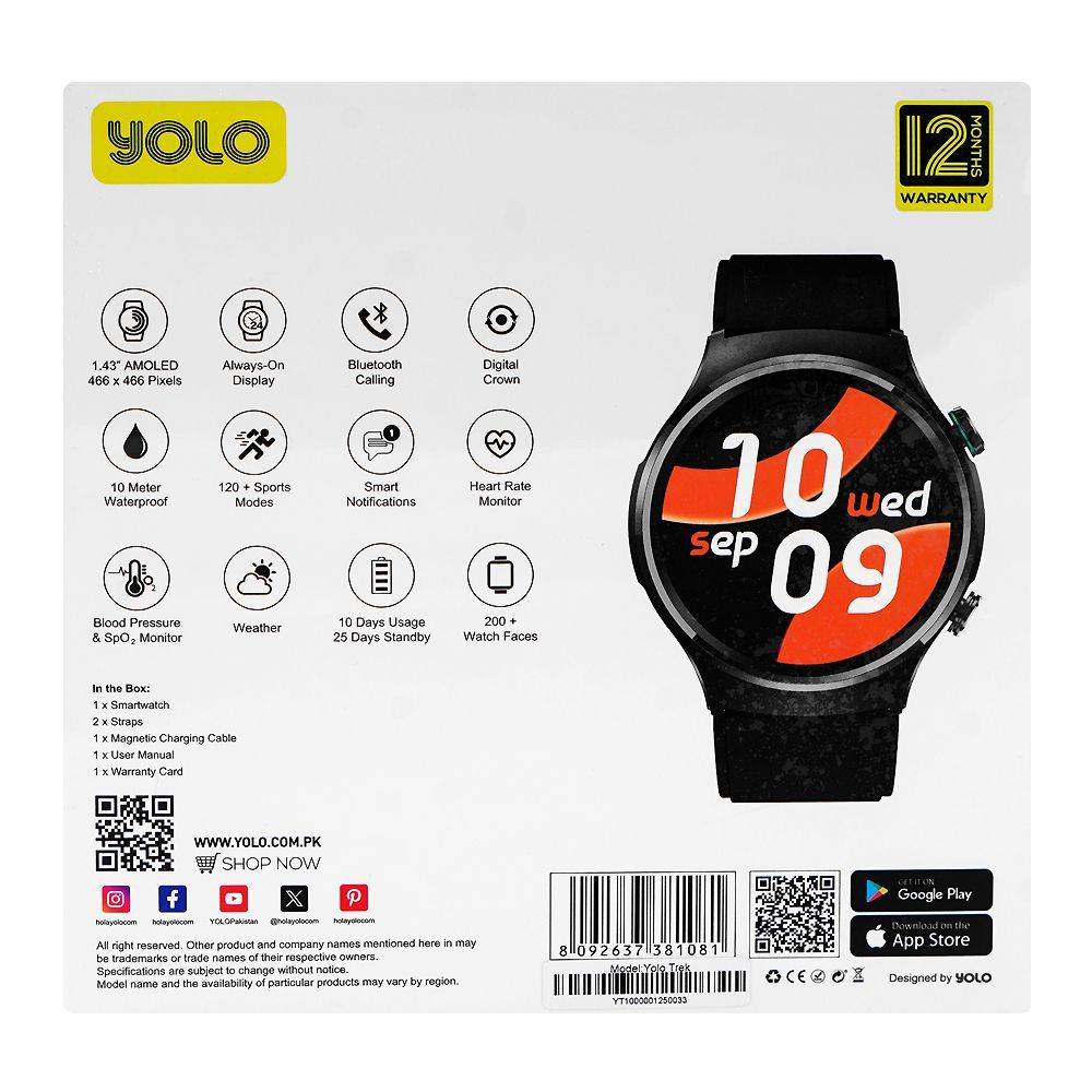 Yolo 1.43 Inch Amoled Display Trek Smart Watch, 10 Meters Waterproof, 25 Days Standby Battery Life, Dual Silicone Straps, Black, With Y-603 YoPod Prime True Wireless Earbuds - Image 3