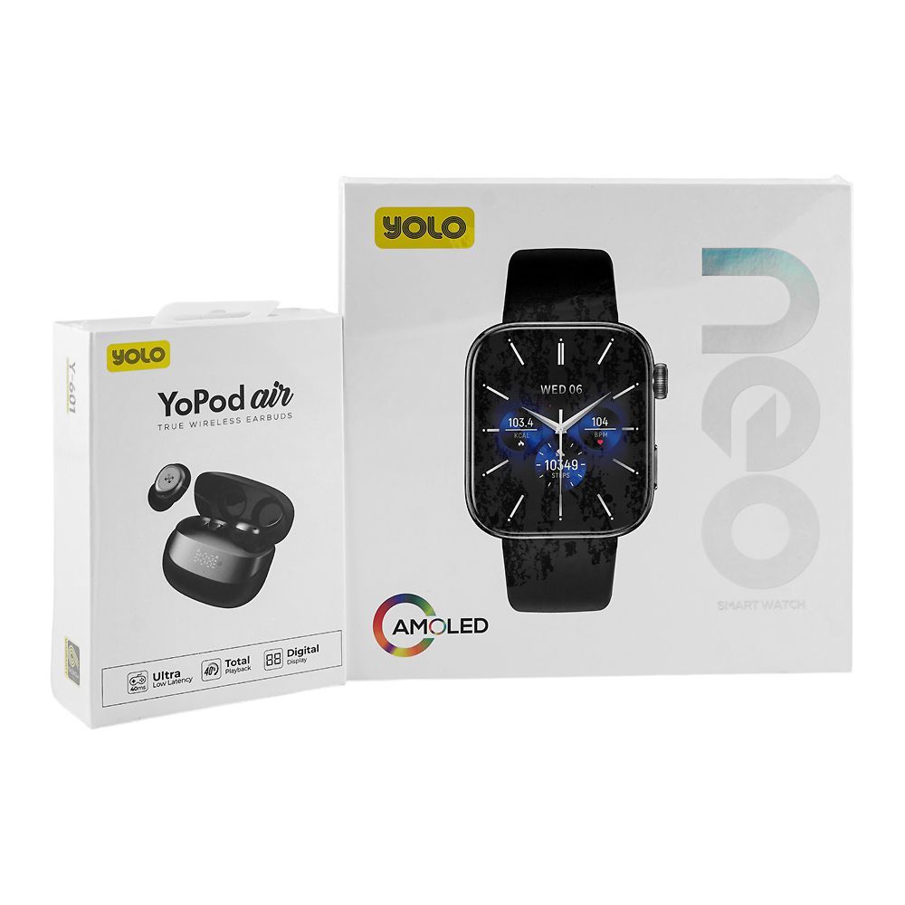 Yolo 1.85 Inch Amoled Display Neo Smart Watch, IP68 Water Resistant, 7 Days Battery Life, Dual Silicone Straps, Black, With Y-601 YoPod Air True Wireless Earbuds - Main Image