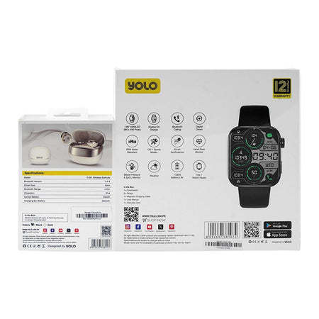Yolo 1.85 Inch Amoled Display Neo Smart Watch, IP68 Water Resistant, 7 Days Battery Life, Dual Silicone Straps, Black, With Y-601 YoPod Air True Wireless Earbuds - Image 2