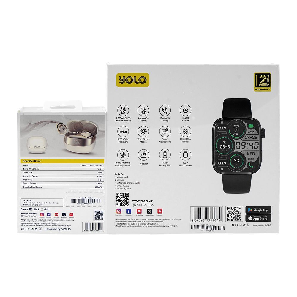 Yolo 1.85 Inch Amoled Display Neo Smart Watch, IP68 Water Resistant, 7 Days Battery Life, Dual Silicone Straps, Black, With Y-601 YoPod Air True Wireless Earbuds - Image 2