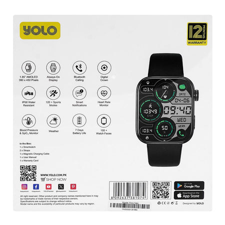 Yolo 1.85 Inch Amoled Display Neo Smart Watch, IP68 Water Resistant, 7 Days Battery Life, Dual Silicone Straps, Black, With Y-601 YoPod Air True Wireless Earbuds - Image 3