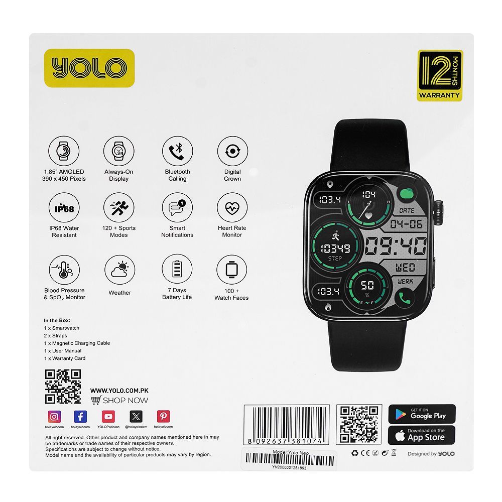 Yolo 1.85 Inch Amoled Display Neo Smart Watch, IP68 Water Resistant, 7 Days Battery Life, Dual Silicone Straps, Black, With Y-601 YoPod Air True Wireless Earbuds - Image 3