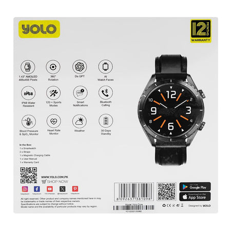 Yolo 1.43 Inch Amoled Display Core Smart Watch, IP68 Water Resistant, 30 Days Standby Battery Life, Dual Silicone Straps, With Y-603 YoPod Prime True Wireless Earbuds - Image 3
