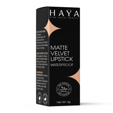 Haya Pure Halal Beauty Matte Velvet Waterproof Lipstick, 03 Fudge, 4g - Image 3