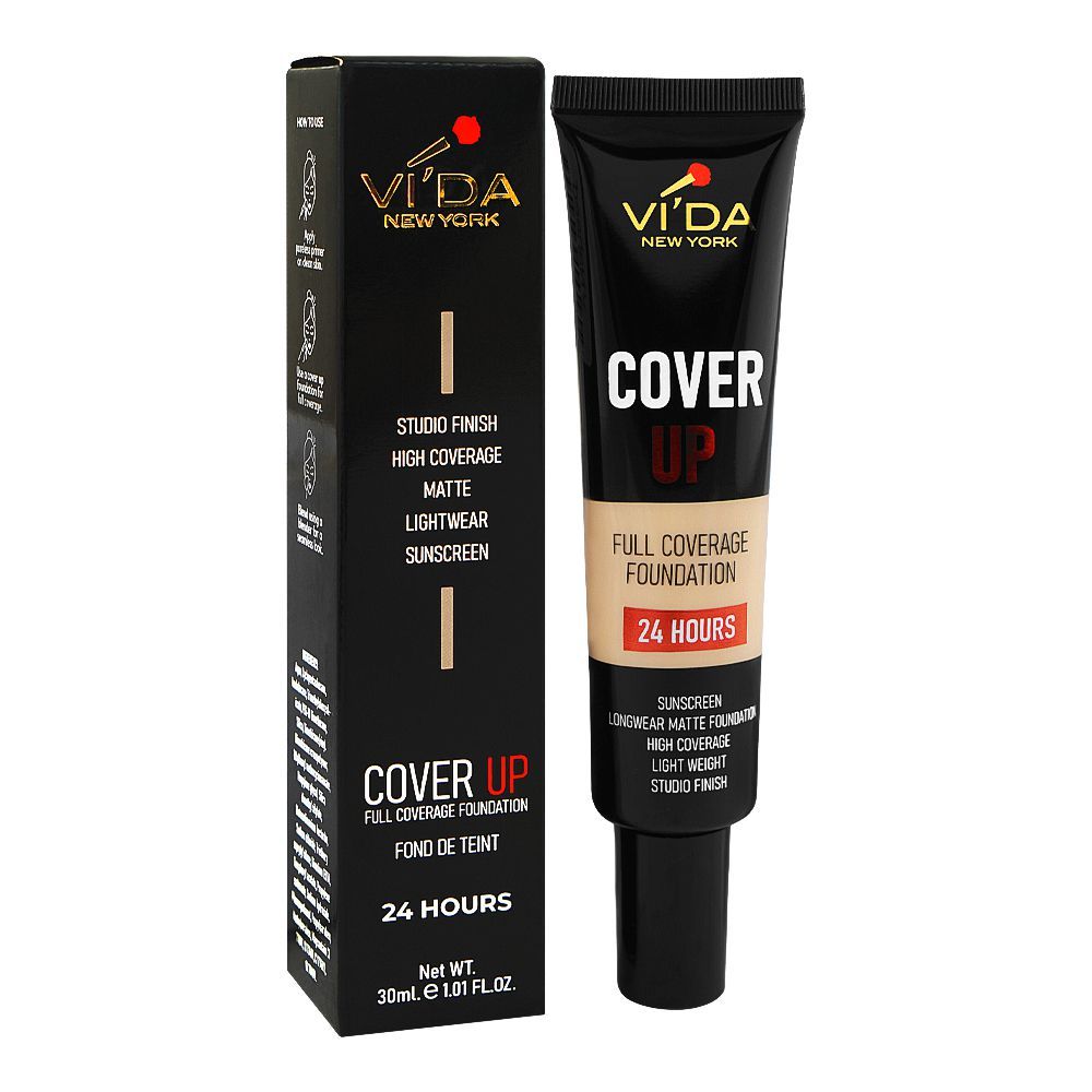 Vi'da New York Cover Up Full Coverage Foundation 24 Hours, Sunscreen, Mattifying, Oil Free, Studio Finish & Lightweight, Non-Comedogenic, 355 Rich Tan, 30ml - Image 4