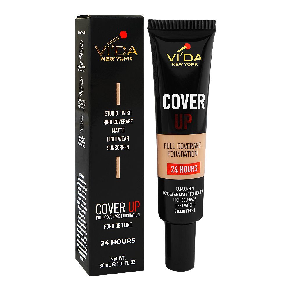 Vi'da New York Cover Up Full Coverage Foundation 24 Hours, Sunscreen, Mattifying, Oil Free, Studio Finish & Lightweight, Non-Comedogenic, 311 Buff Beige, 30ml - Image 3