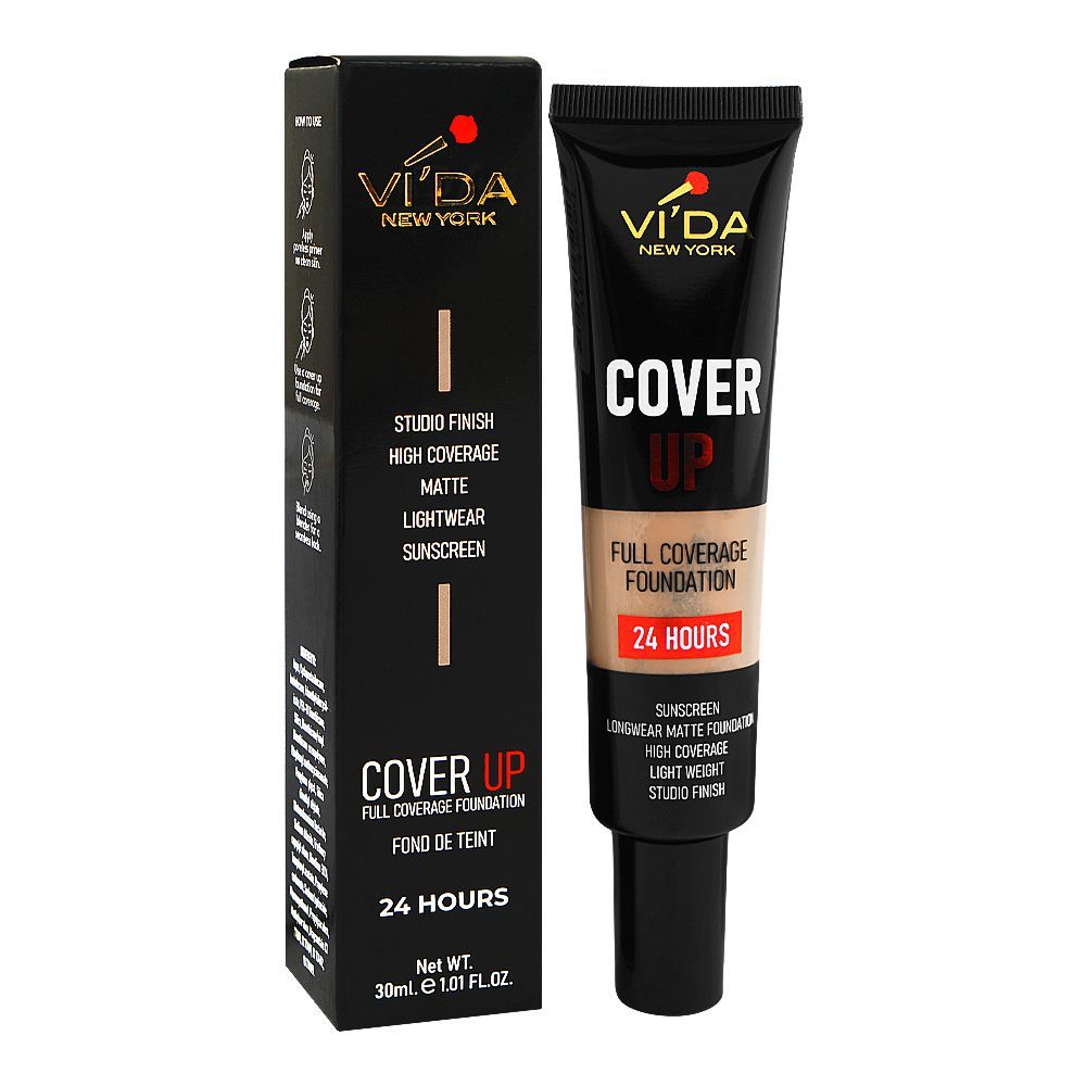 Vi'da New York Cover Up Full Coverage Foundation 24 Hours, Sunscreen, Mattifying, Oil Free, Studio Finish & Lightweight, Non-Comedogenic, 199 Warm Nude, 30ml - Image 3