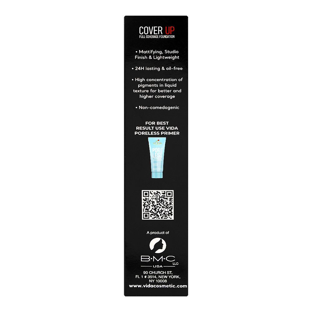 Vi'da New York Cover Up Full Coverage Foundation 24 Hours, Sunscreen, Mattifying, Oil Free, Studio Finish & Lightweight, Non-Comedogenic, 100 Porcelain, 30ml - Image 4