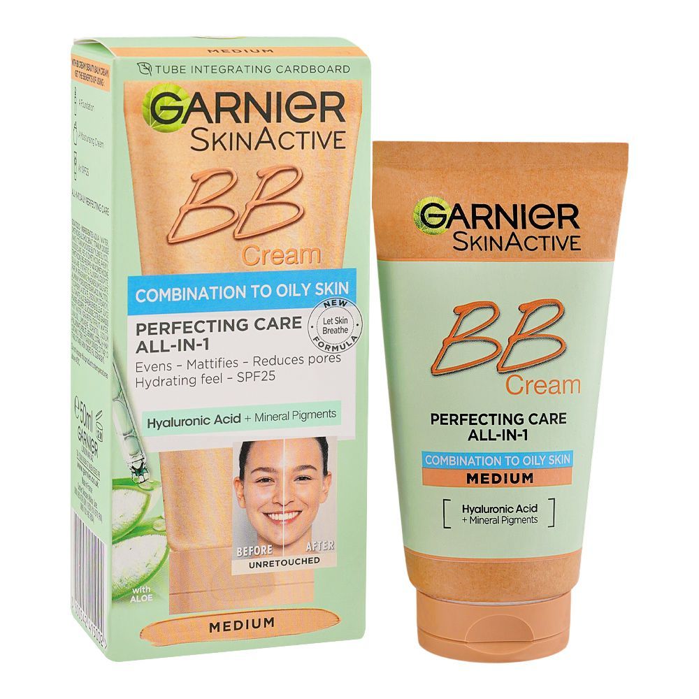 Garnier Skin Active Perfecting Care All-In-1 BB Hyaluranic Acid + Mineral Pigments Cream Medium, For Oily Skin, 50ml - Main Image