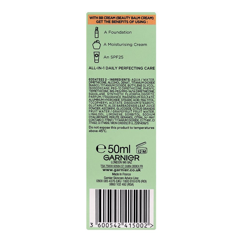Garnier Skin Active Perfecting Care All-In-1 BB Hyaluranic Acid + Mineral Pigments Cream Medium, For Oily Skin, 50ml - Image 4