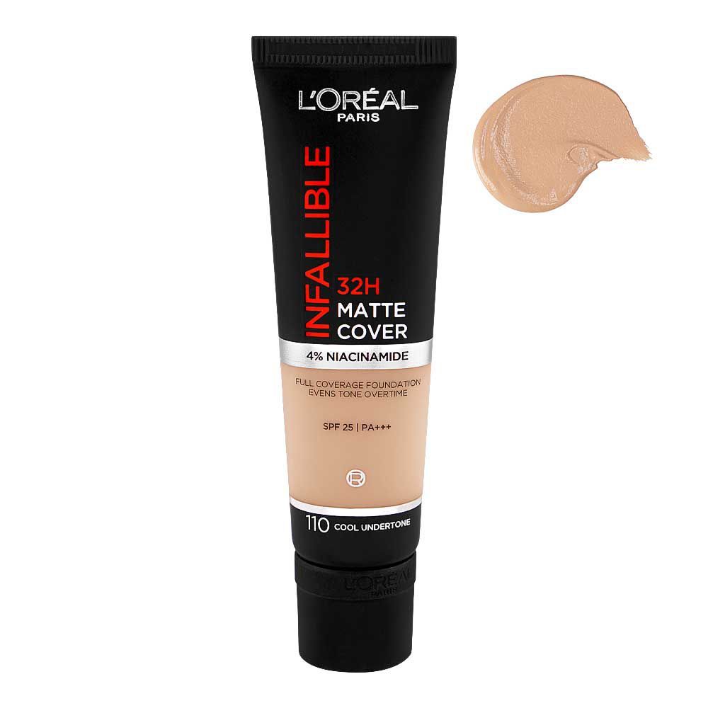 L'Oreal Paris Infallible 32H-Matte Cover Foundation, 4% Niacinamide, SPF25 PA+++ 110 Cool Undertone, 30ml - Main Image