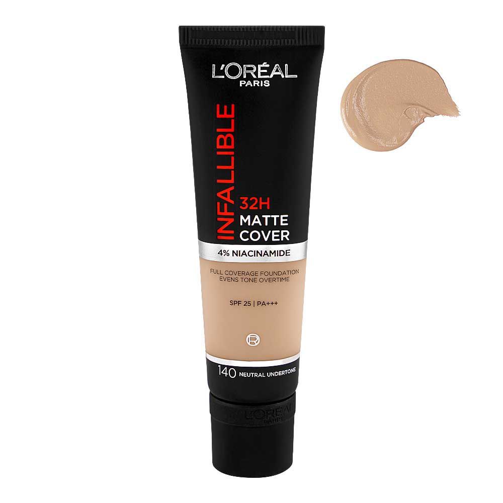 L'Oreal Paris Infallible 32H-Matte Cover Foundation, 4% Niacinamide, SPF25 PA+++ 140 Neutral Undertone, 30ml - Main Image