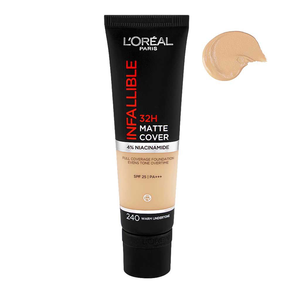 L'Oreal Paris Infallible 32H-Matte Cover Foundation, 4% Niacinamide, SPF25 PA+++ 240 Warm Undertone, 30ml - Main Image