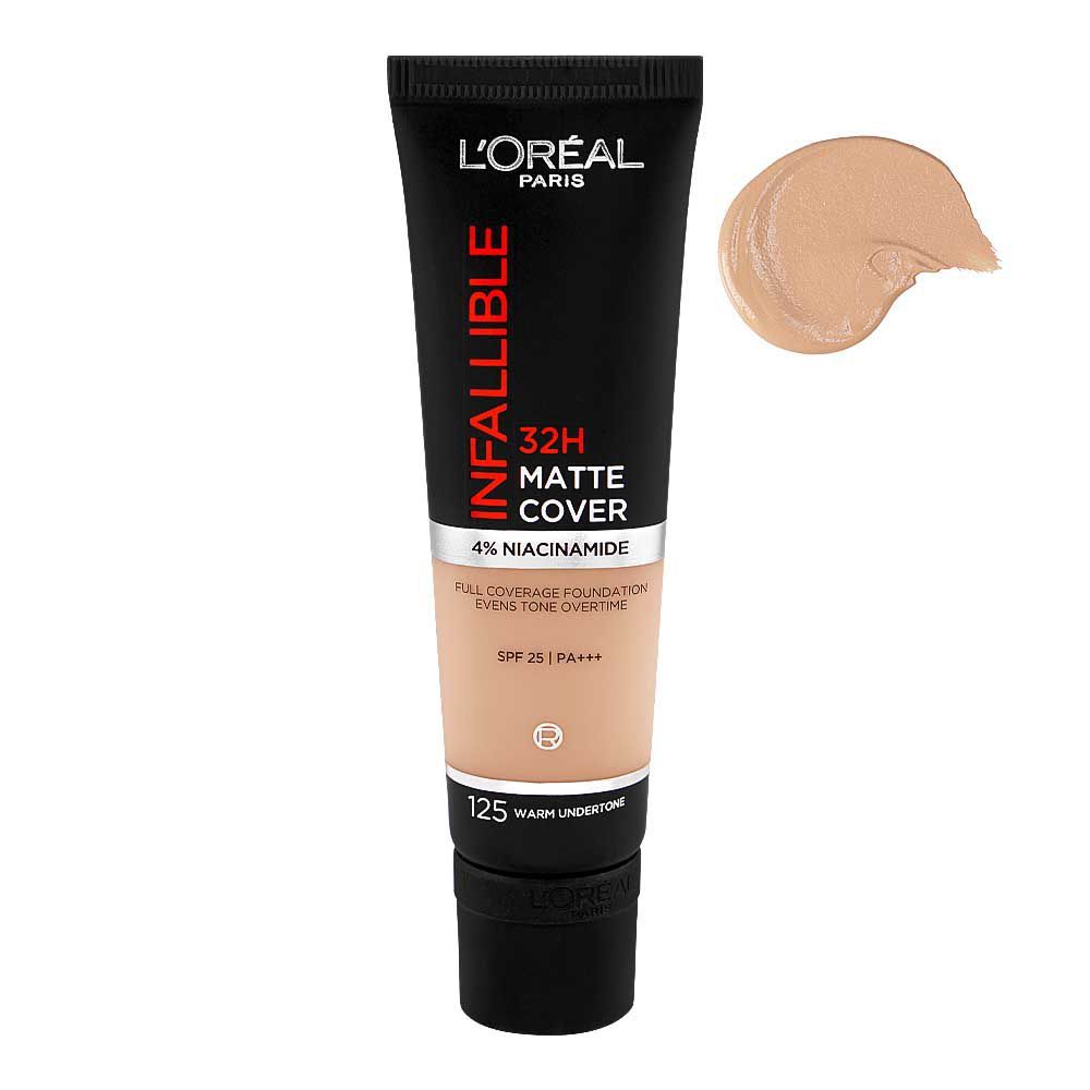 L'Oreal Paris Infallible 32H-Matte Cover Foundation, 4% Niacinamide, SPF25 PA+++ 125 Warm Undertone, 30ml - Main Image