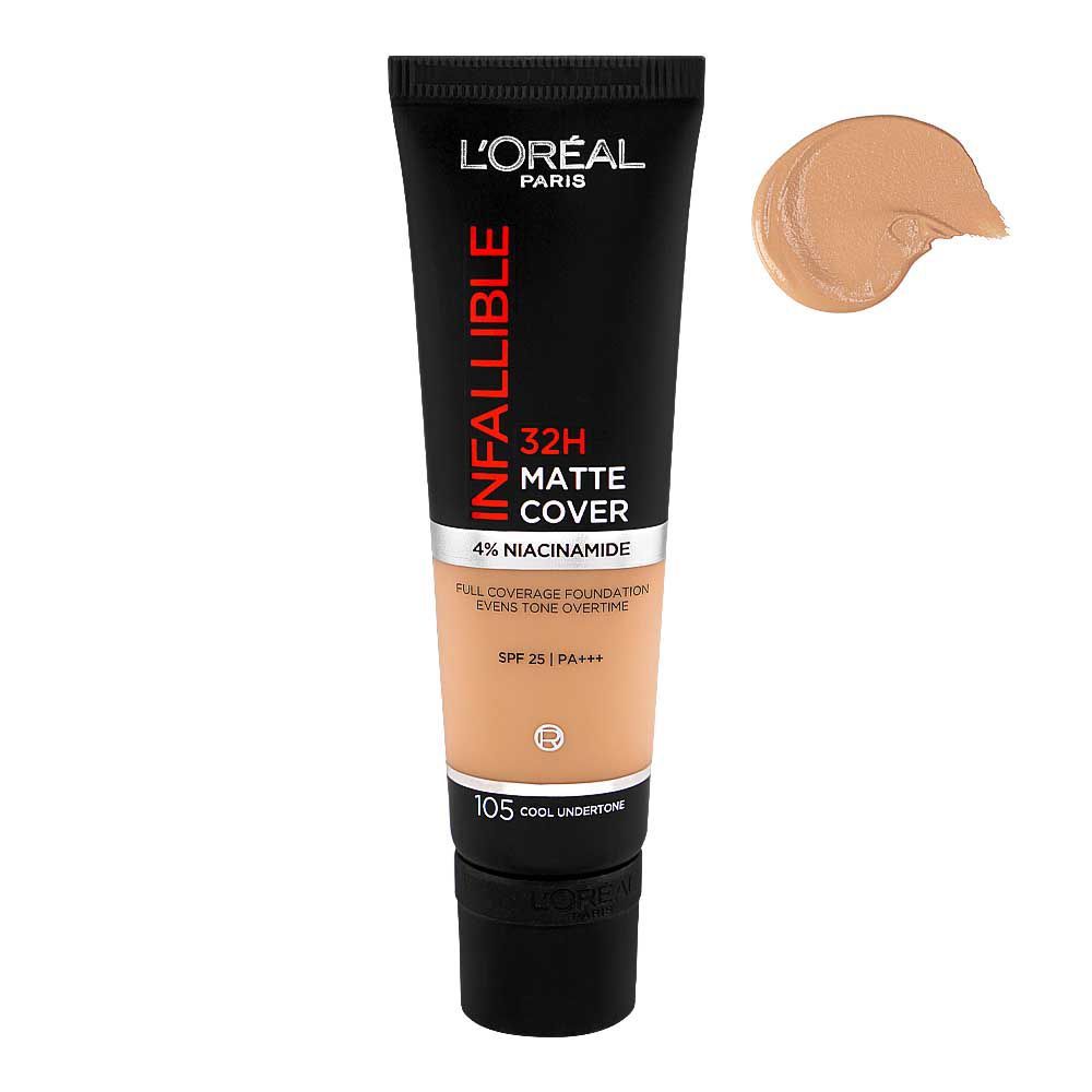 L'Oreal Paris Infallible 32H-Matte Cover Foundation, 4% Niacinamide, SPF25 PA+++ 105 Cool Undertone, 30ml - Main Image