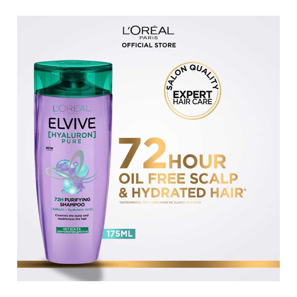 L'Oreal Paris Elvive Hyaluron Pure 72H Purifying Shampoo, Salicylic & Hyaluronic Acid, For Moisturize Hair, 175ml - Main Image