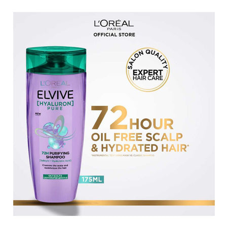 L'Oreal Paris Elvive Hyaluron Pure 72H Purifying Shampoo, Salicylic & Hyaluronic Acid, For Moisturize Hair, 175ml - Main Image