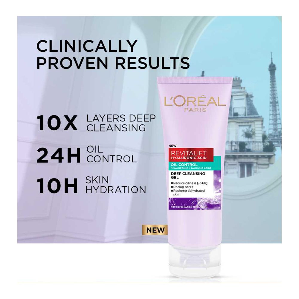 L'Oreal Paris Revitalift Hyaluronic Acid Oil Control Deep Cleansing Gel, Hyaluronic & Salicylic Acid, For Oily Skin, 100ml - Main Image